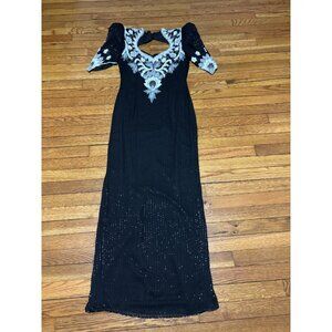 Landa Size 10 Vtg Silk Evening Gown Black Silver Beaded Sequin Maxi Holiday